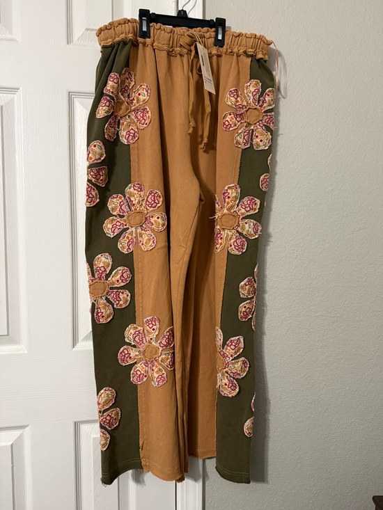 Pants - Boho Floral Applique Two-Tone Jogger Pants - Mustard & Olive